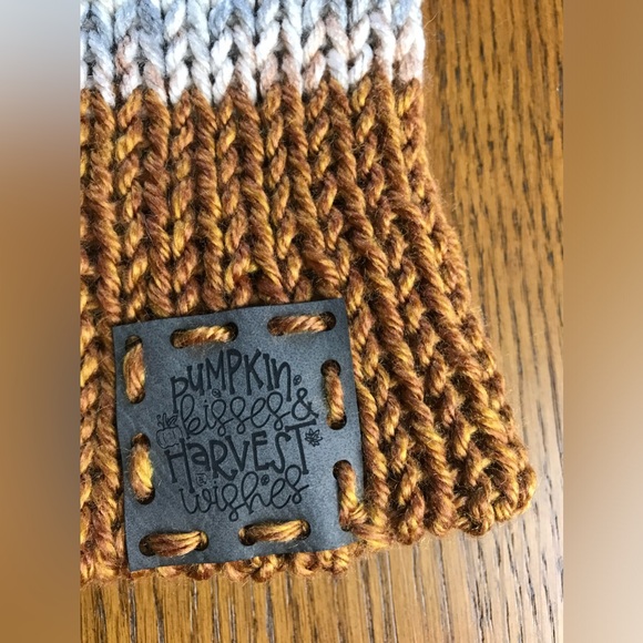 Fall Knitted Beanie w/ Pom Pom and Tag, Adult Size, Rust, Beige, Cream, Grey - Picture 2 of 10